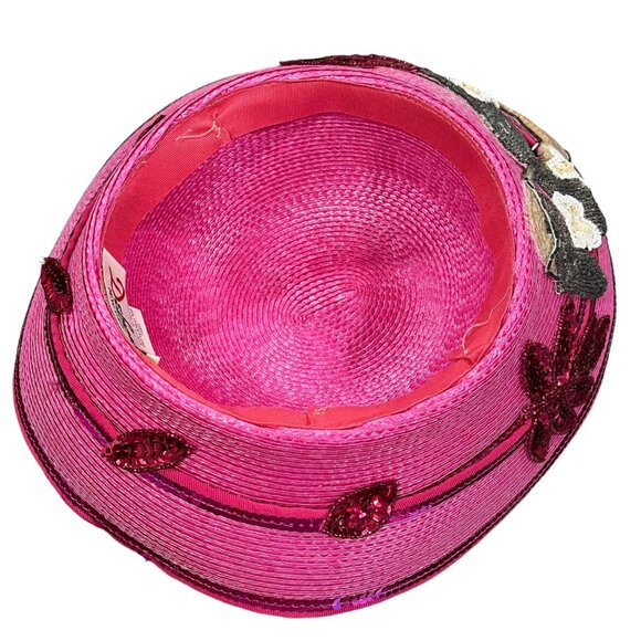 Deborah New York Pink Wide Brim Hat With Sequin Floral Applique - Picture 12 of 14
